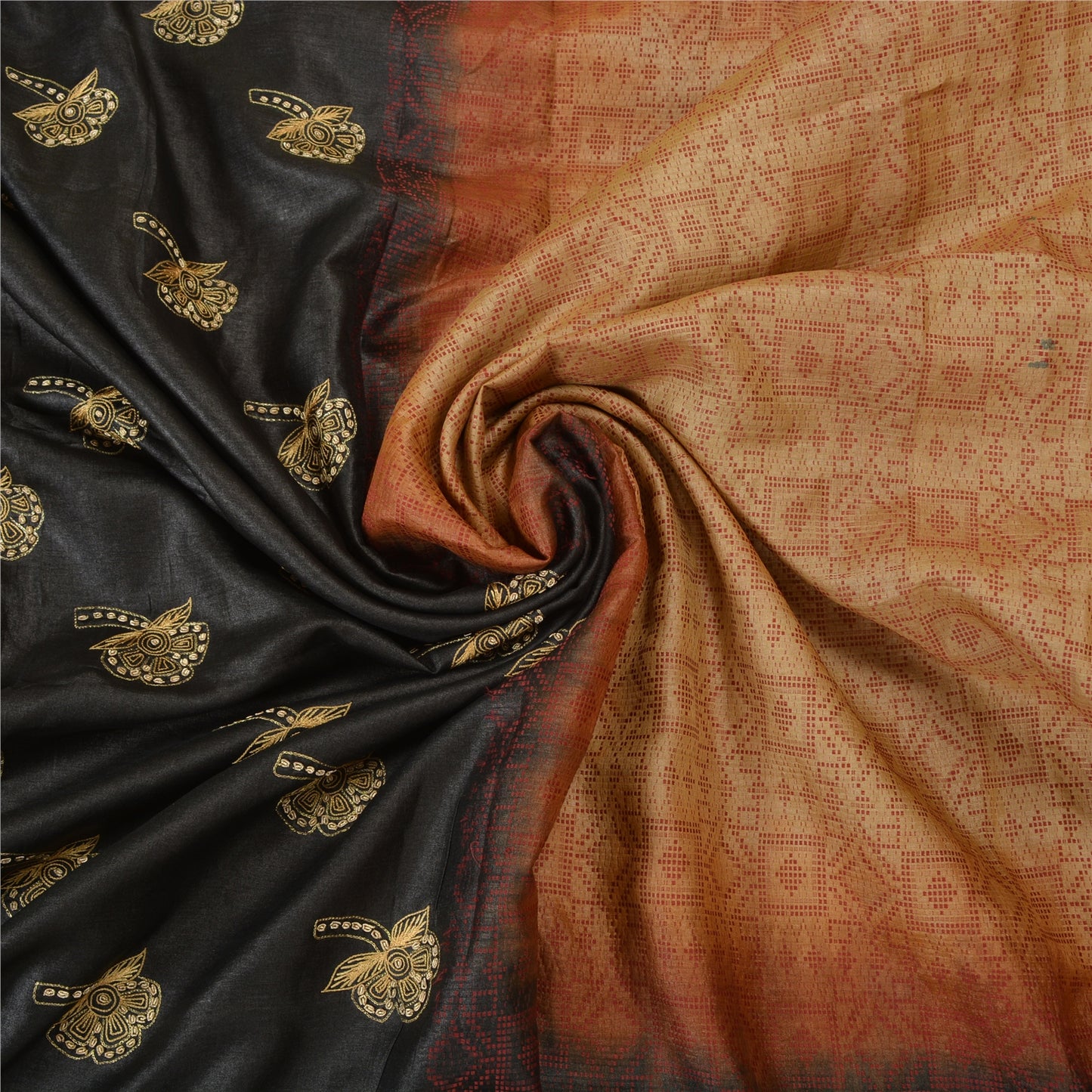Sanskriti Vintage Golden/Black Sarees Pure Silk Hand Beaded Premium Sari Sustainable Fabric
