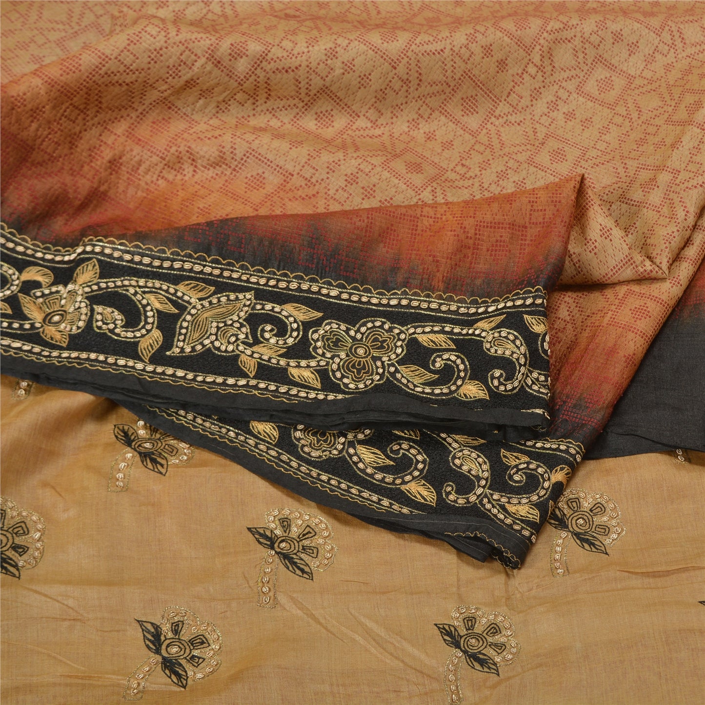 Sanskriti Vintage Golden/Black Sarees Pure Silk Hand Beaded Premium Sari Sustainable Fabric