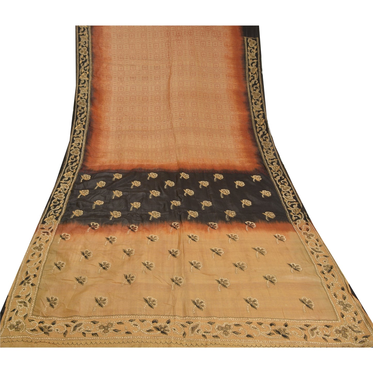 Sanskriti Vintage Golden/Black Sarees Pure Silk Hand Beaded Premium Sari Sustainable Fabric
