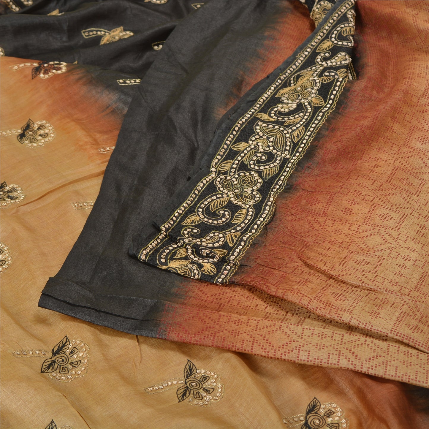 Sanskriti Vintage Golden/Black Sarees Pure Silk Hand Beaded Premium Sari Sustainable Fabric