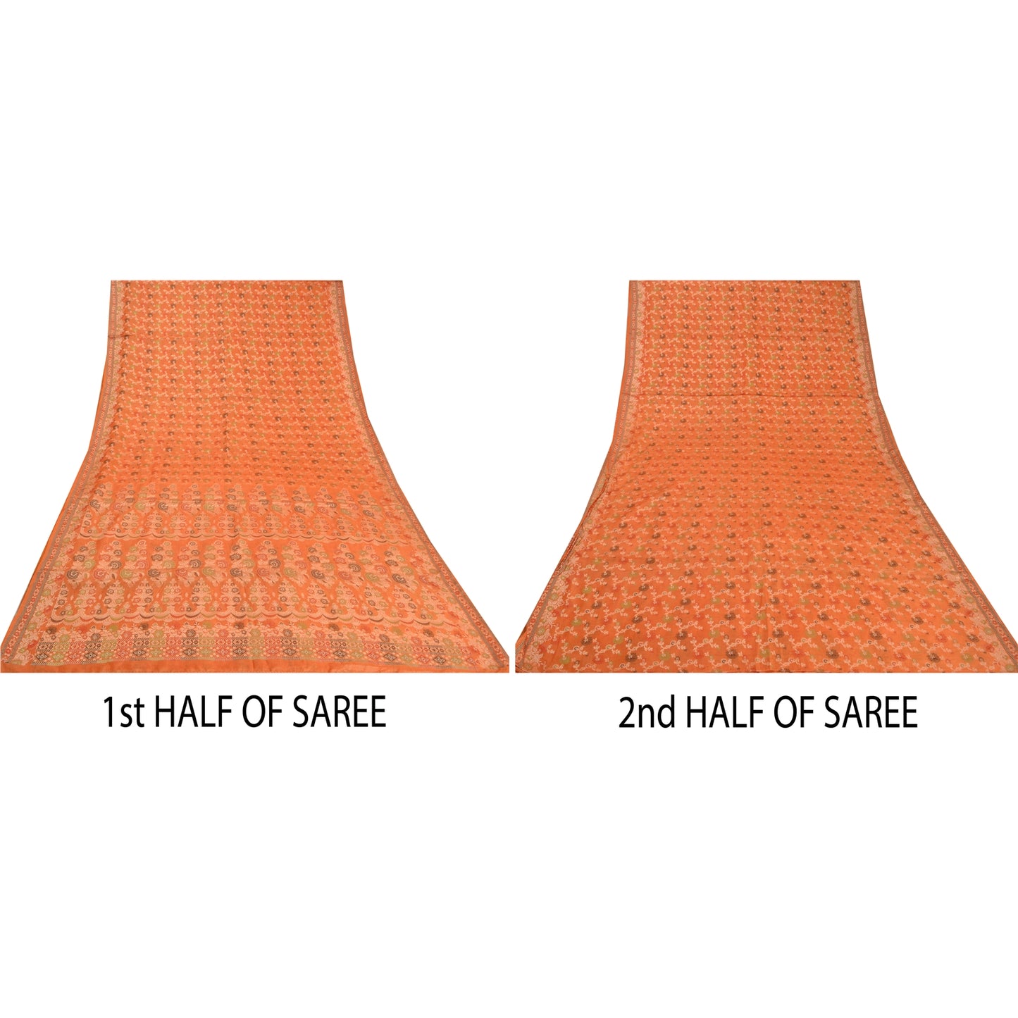 Sanskriti Vintage Orange Indian Sarees 100% Pure Silk Woven Sari 5 YD Sustainable Fabric