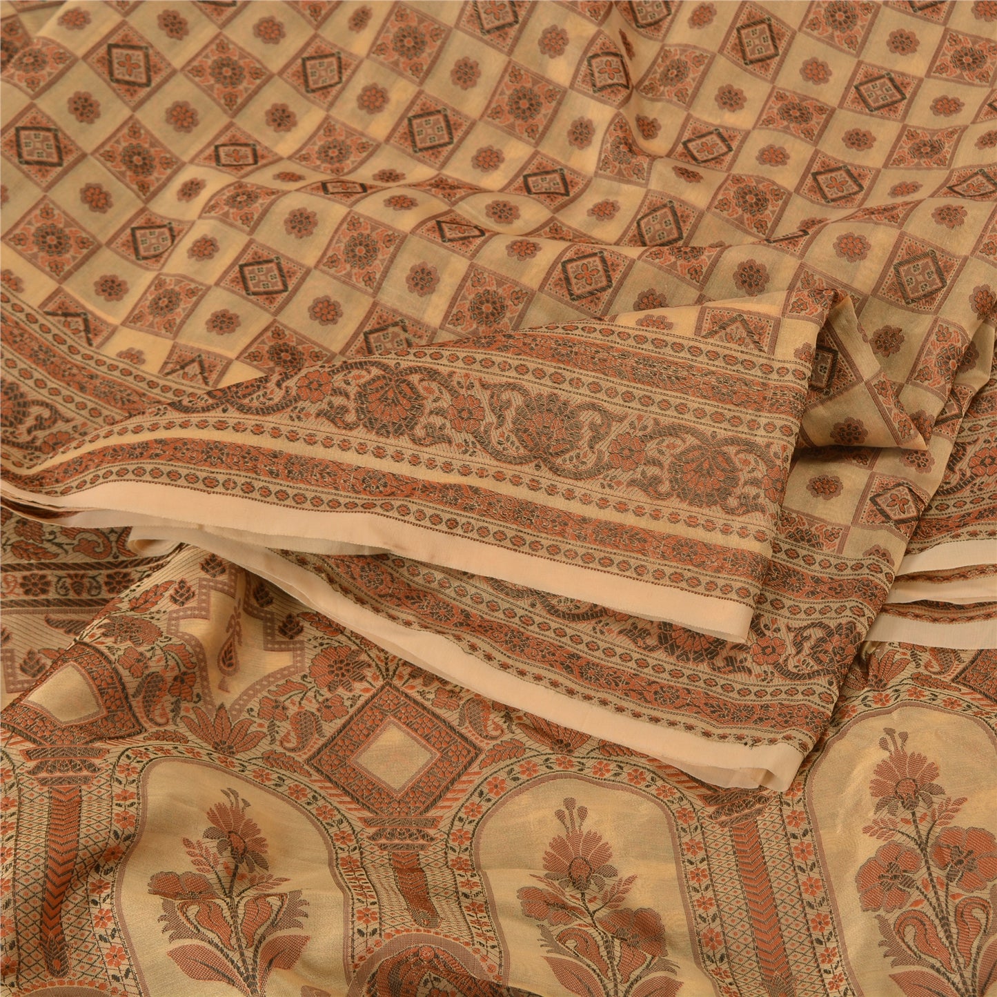 Sanskriti Vintage Cream Indian Sarees Blend Silk Woven Premium Sari 5 YD Sustainable Fabric