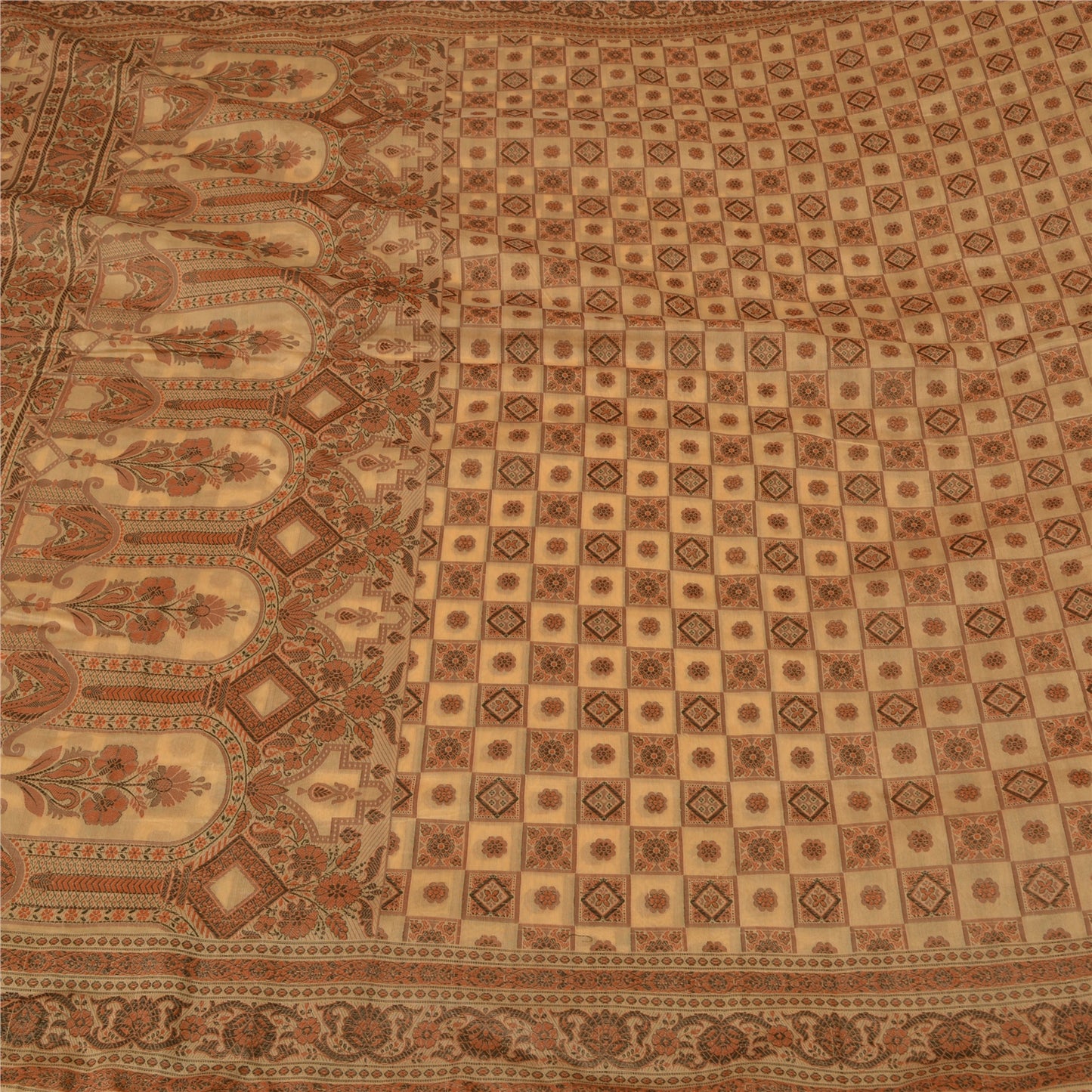 Sanskriti Vintage Cream Indian Sarees Blend Silk Woven Premium Sari 5 YD Sustainable Fabric