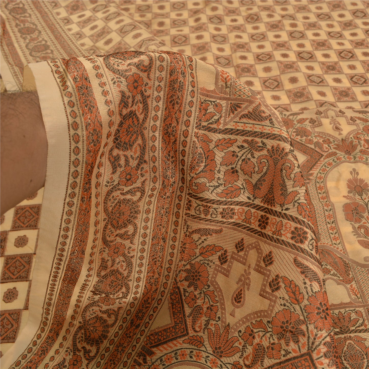 Sanskriti Vintage Cream Indian Sarees Blend Silk Woven Premium Sari 5 YD Sustainable Fabric