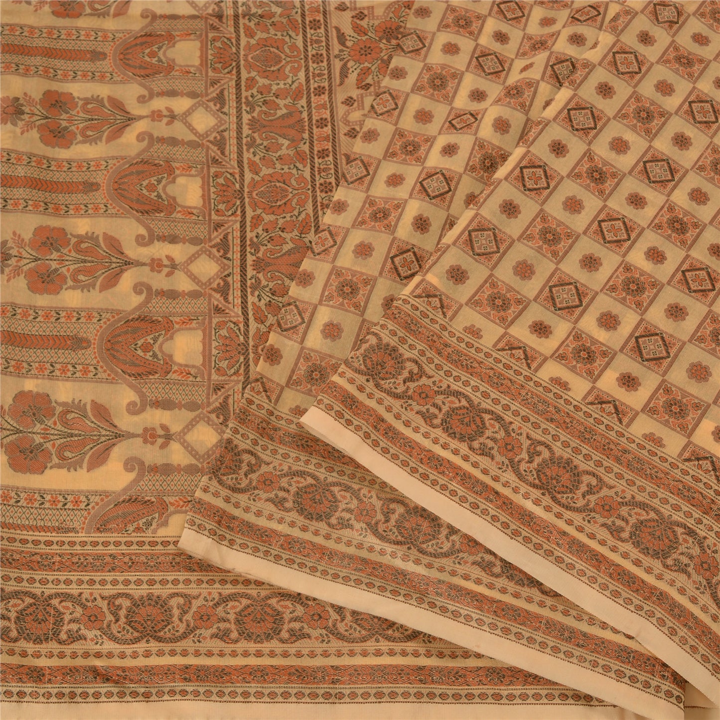 Sanskriti Vintage Cream Indian Sarees Blend Silk Woven Premium Sari 5 YD Sustainable Fabric