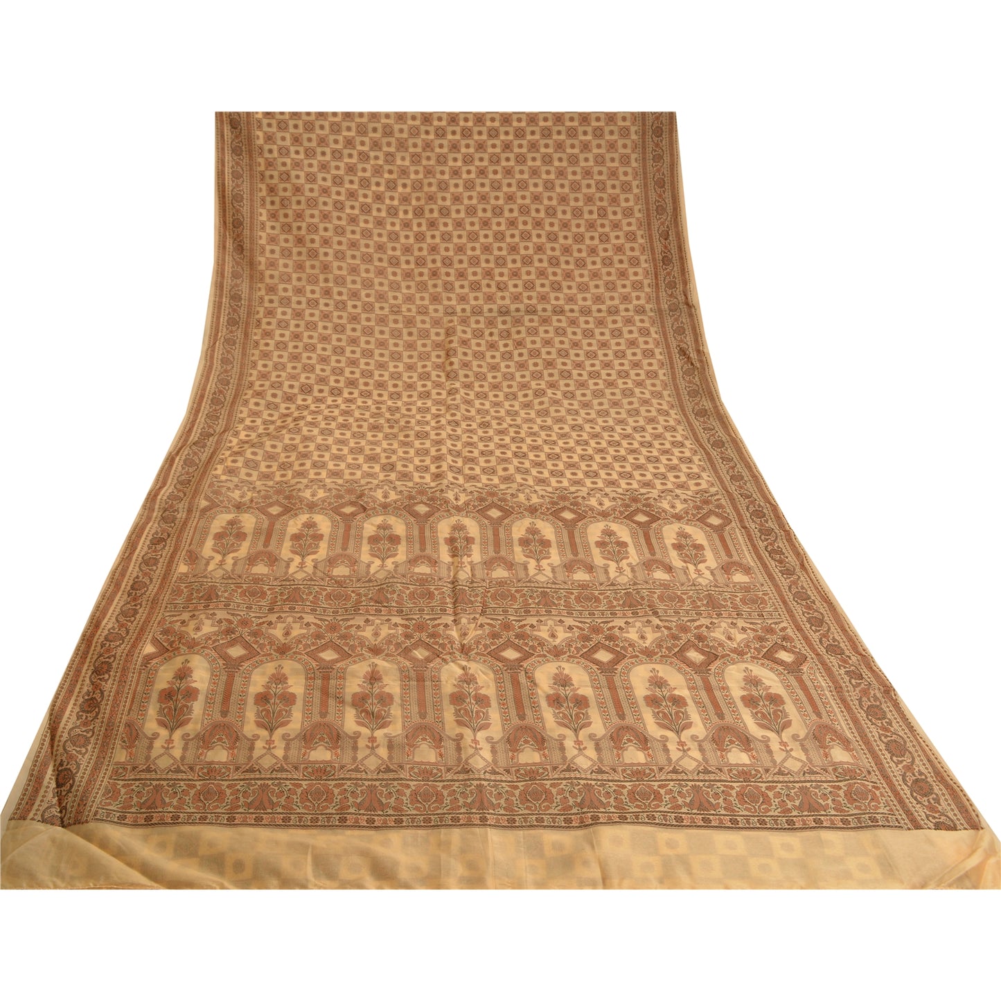 Sanskriti Vintage Cream Indian Sarees Blend Silk Woven Premium Sari 5 YD Sustainable Fabric