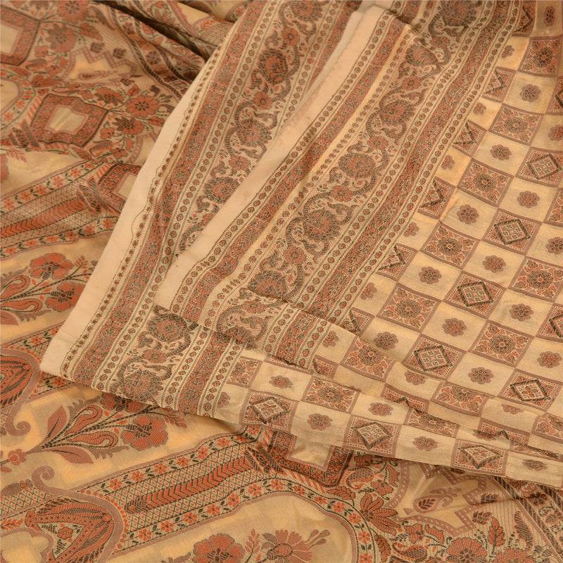 Sanskriti Vintage Cream Indian Sarees Blend Silk Woven Premium Sari 5 YD Sustainable Fabric