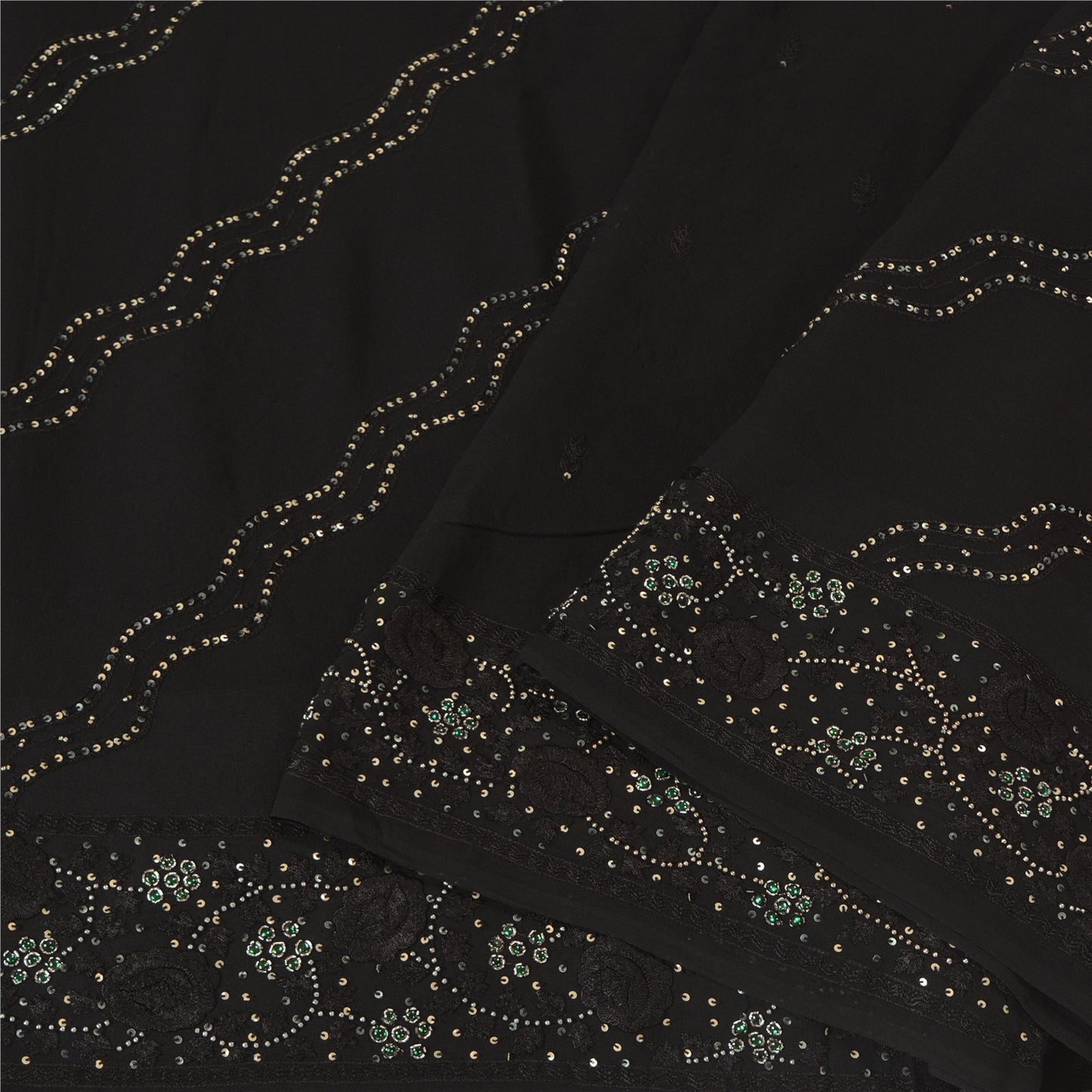 Sanskriti Vintage Bollywood Sarees Pure Georgette Black Hand Beaded Sari Sustainable Fabric