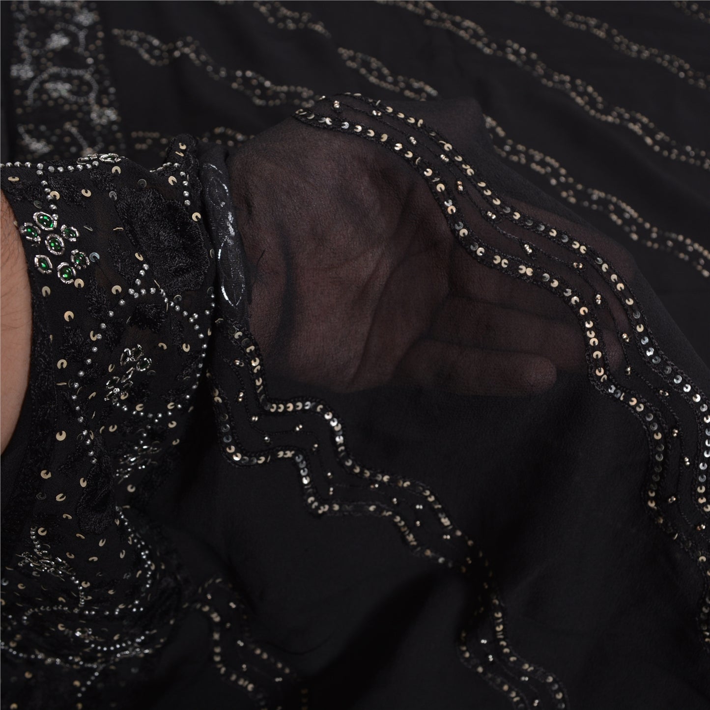 Sanskriti Vintage Bollywood Sarees Pure Georgette Black Hand Beaded Sari Sustainable Fabric