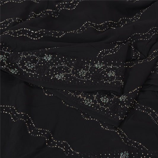 Sanskriti Vintage Bollywood Sarees Pure Georgette Black Hand Beaded Sari Sustainable Fabric