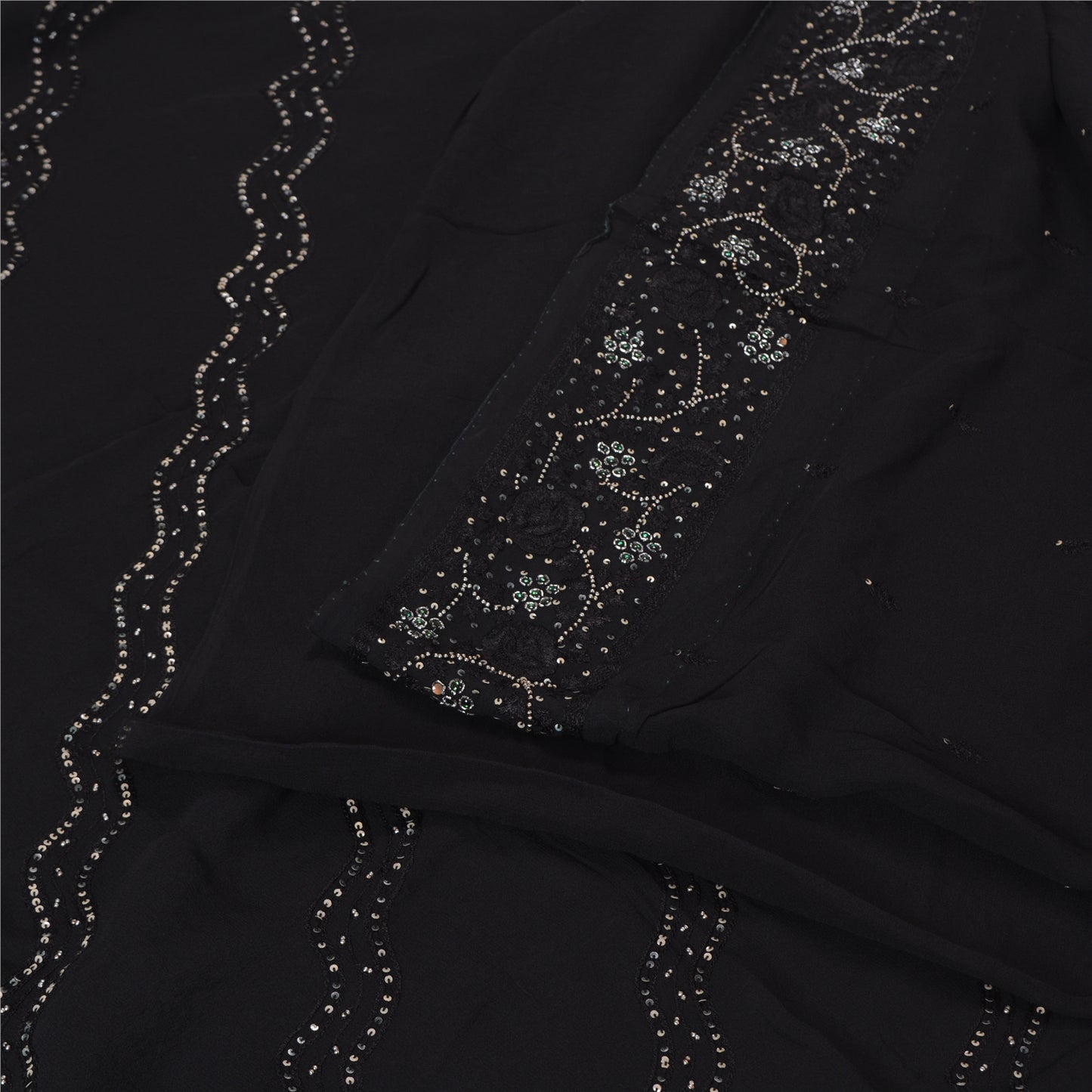 Sanskriti Vintage Bollywood Sarees Pure Georgette Black Hand Beaded Sari Sustainable Fabric