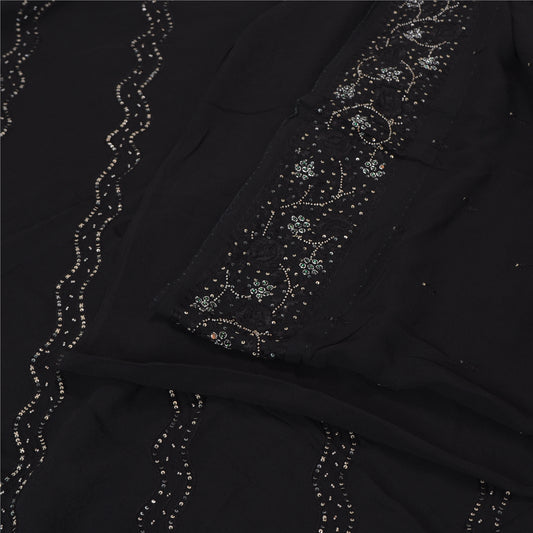 Sanskriti Vintage Bollywood Sarees Pure Georgette Black Hand Beaded Sari Sustainable Fabric