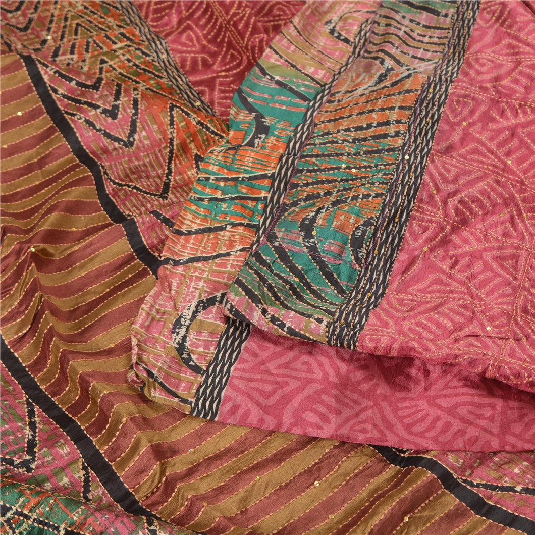 Sanskriti Vintage Pink Sarees Pure Silk Hand Beaded Kantha Sari Craft Fabric