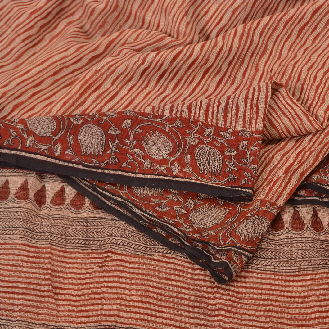Sanskriti Vintage Red Sarees Pure Cotton Block Printed Kota Doria Sari Fabric