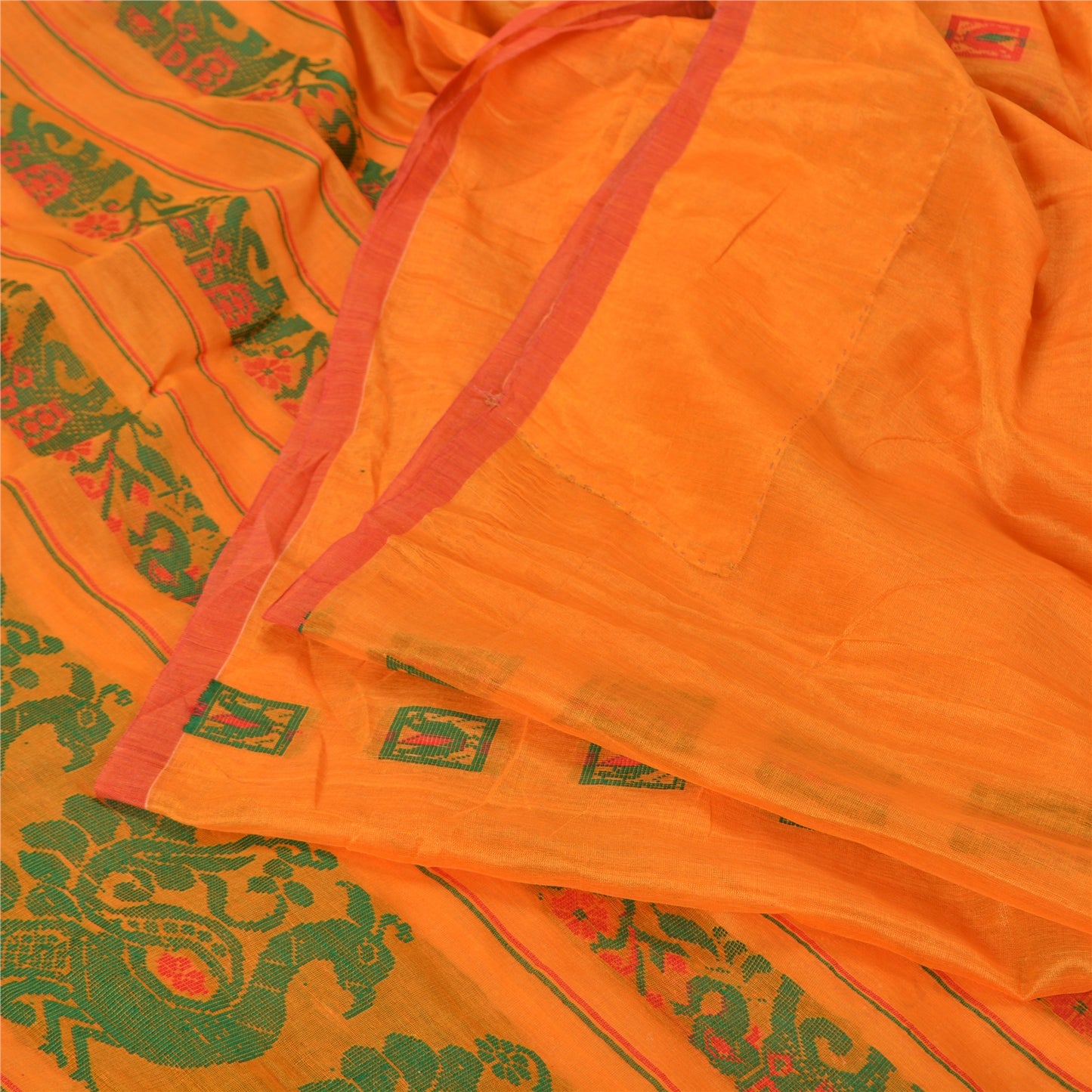 Sanskriti Vintage Saffron Indian Sarees Cotton Silk Woven Sari Craft Sustainable Fabric