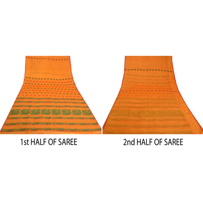 Sanskriti Vintage Saffron Indian Sarees Cotton Silk Woven Sari Craft Sustainable Fabric