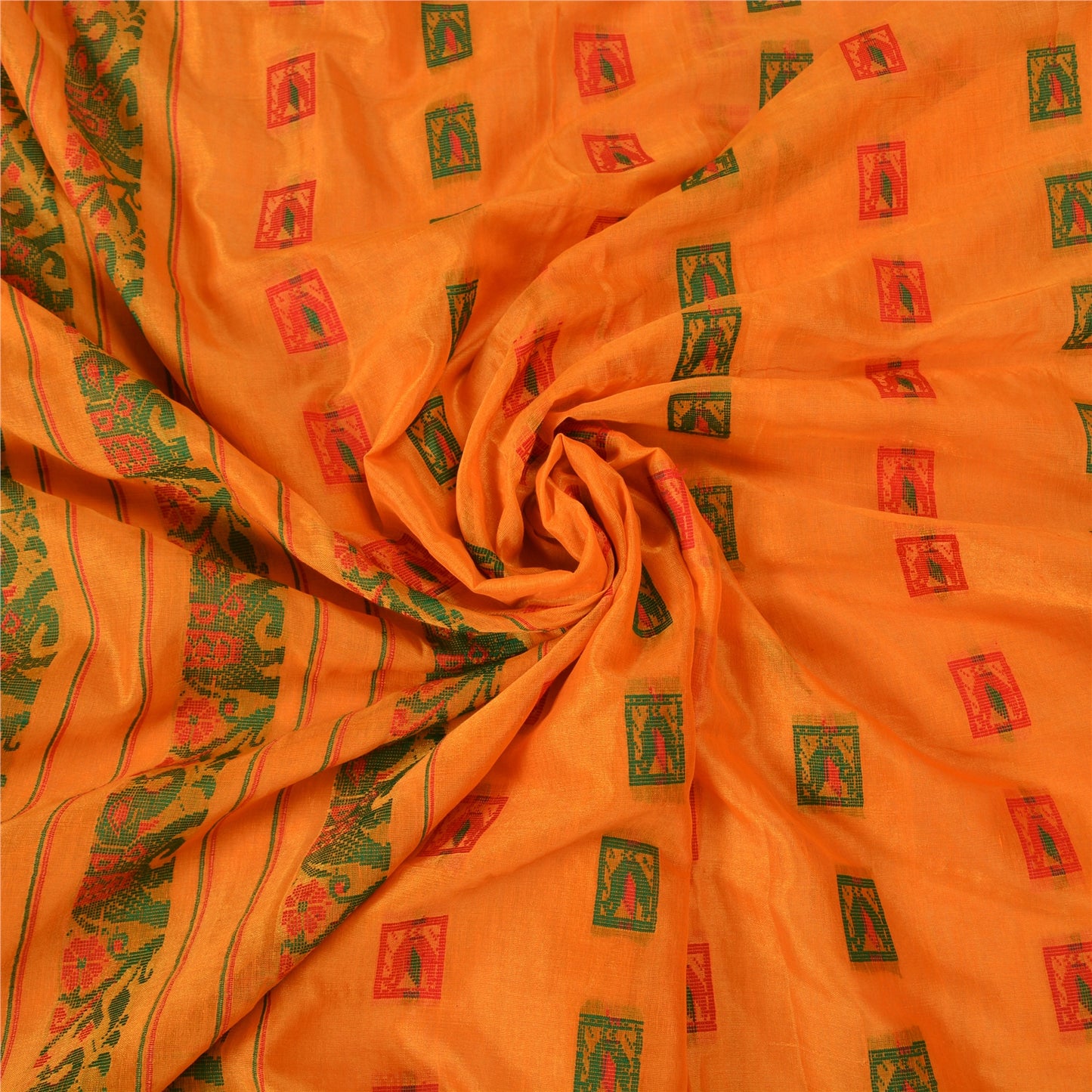 Sanskriti Vintage Saffron Indian Sarees Cotton Silk Woven Sari Craft Sustainable Fabric