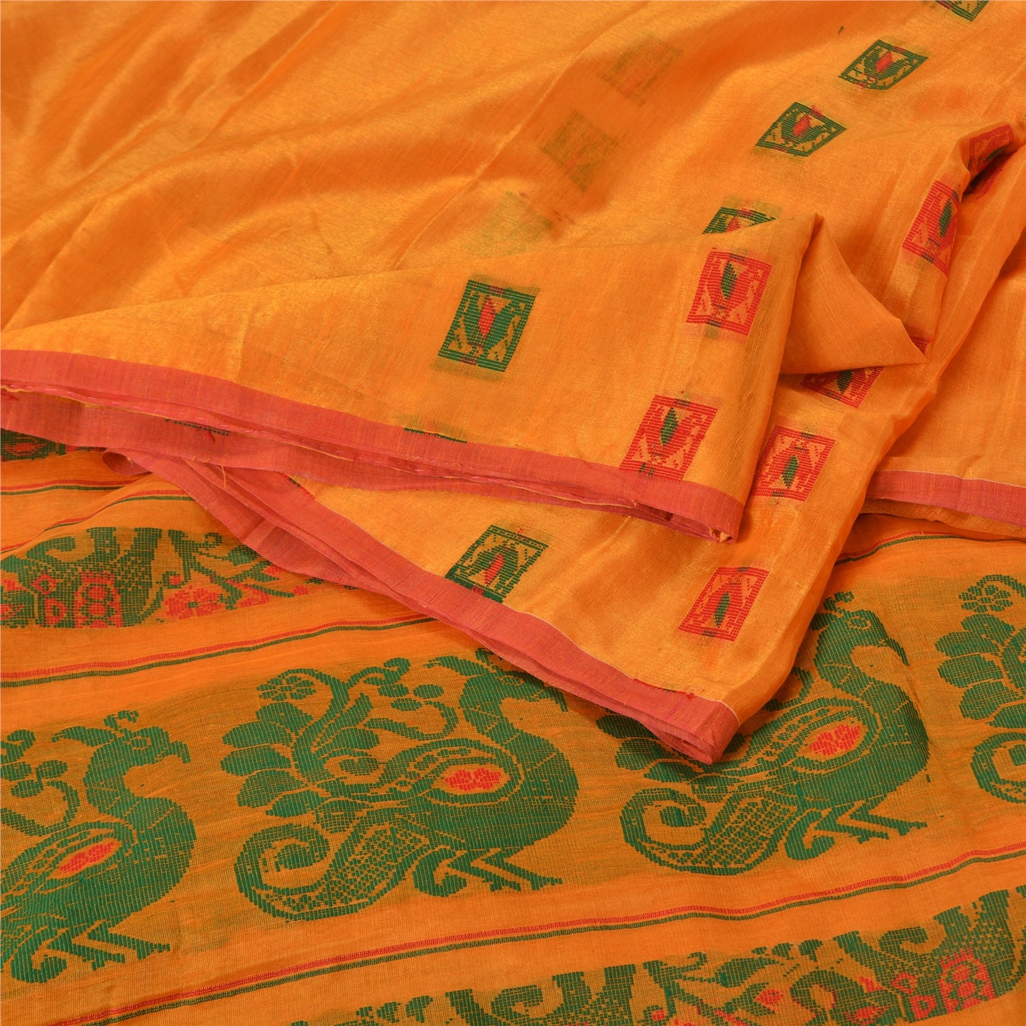 Sanskriti Vintage Saffron Indian Sarees Cotton Silk Woven Sari Craft Sustainable Fabric