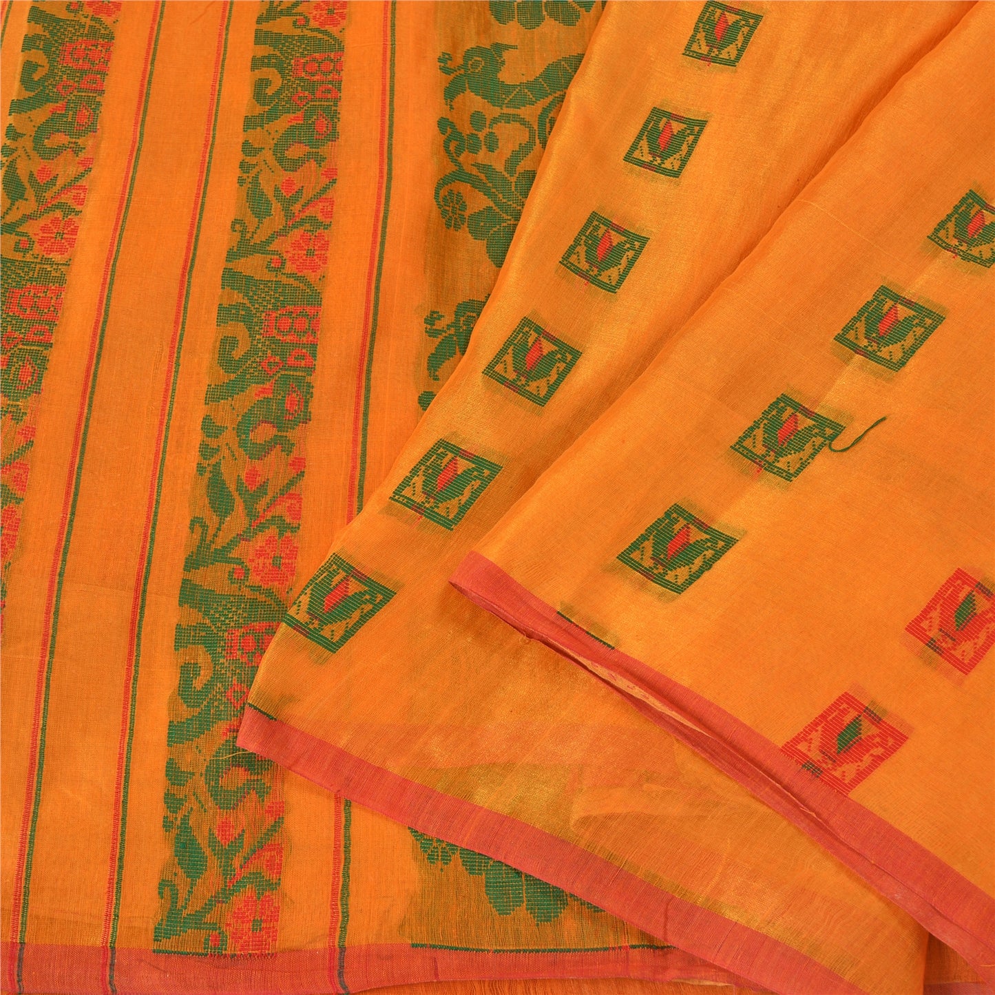 Sanskriti Vintage Saffron Indian Sarees Cotton Silk Woven Sari Craft Sustainable Fabric