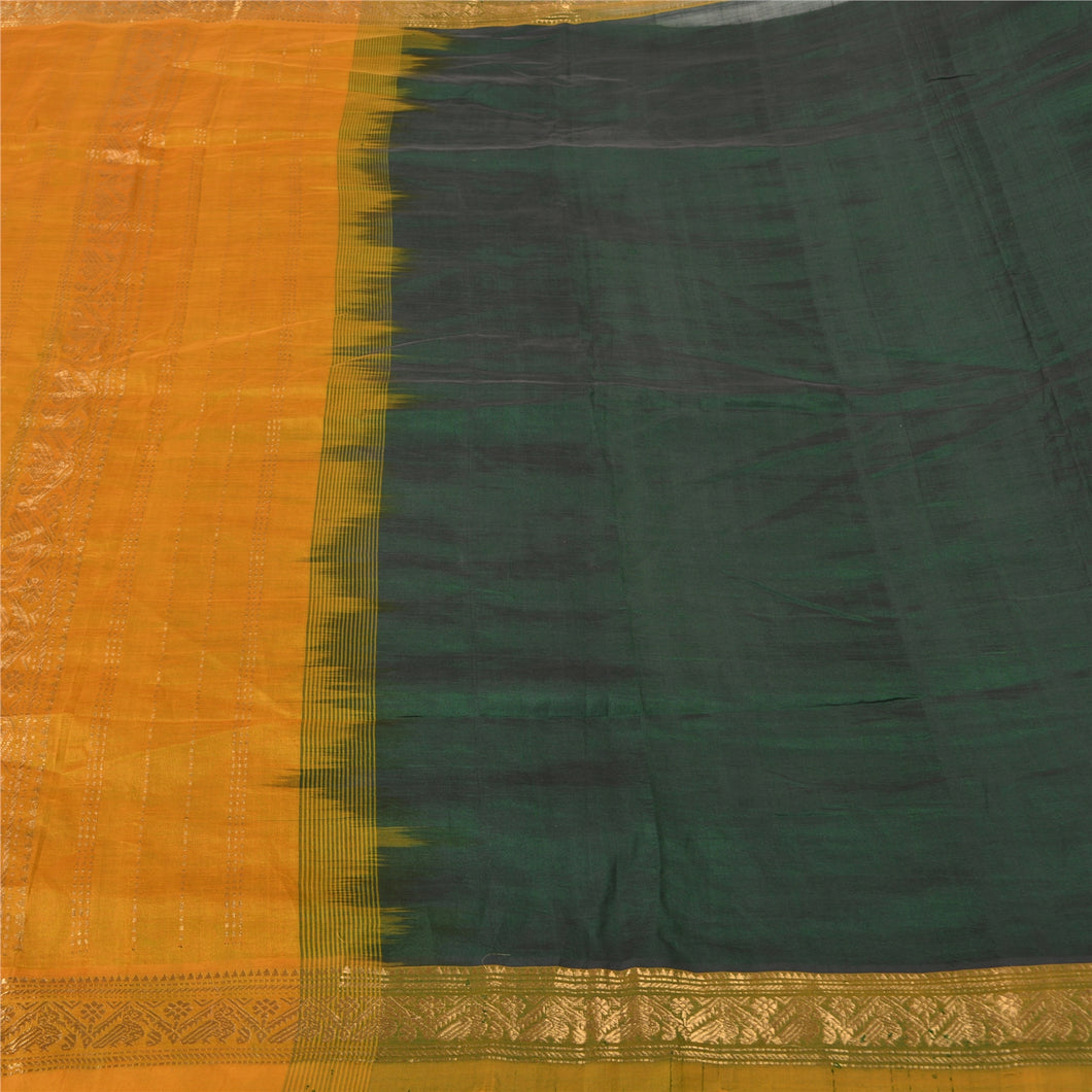 Sanskriti Vintage Saffron/Green Sarees Cotton Silk Woven Brocade Sari Fabric
