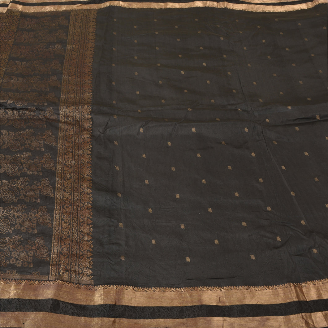 Sanskriti Vintage Black Sarees Pure Silk Woven Brocade/Banarasi Sari Fabric