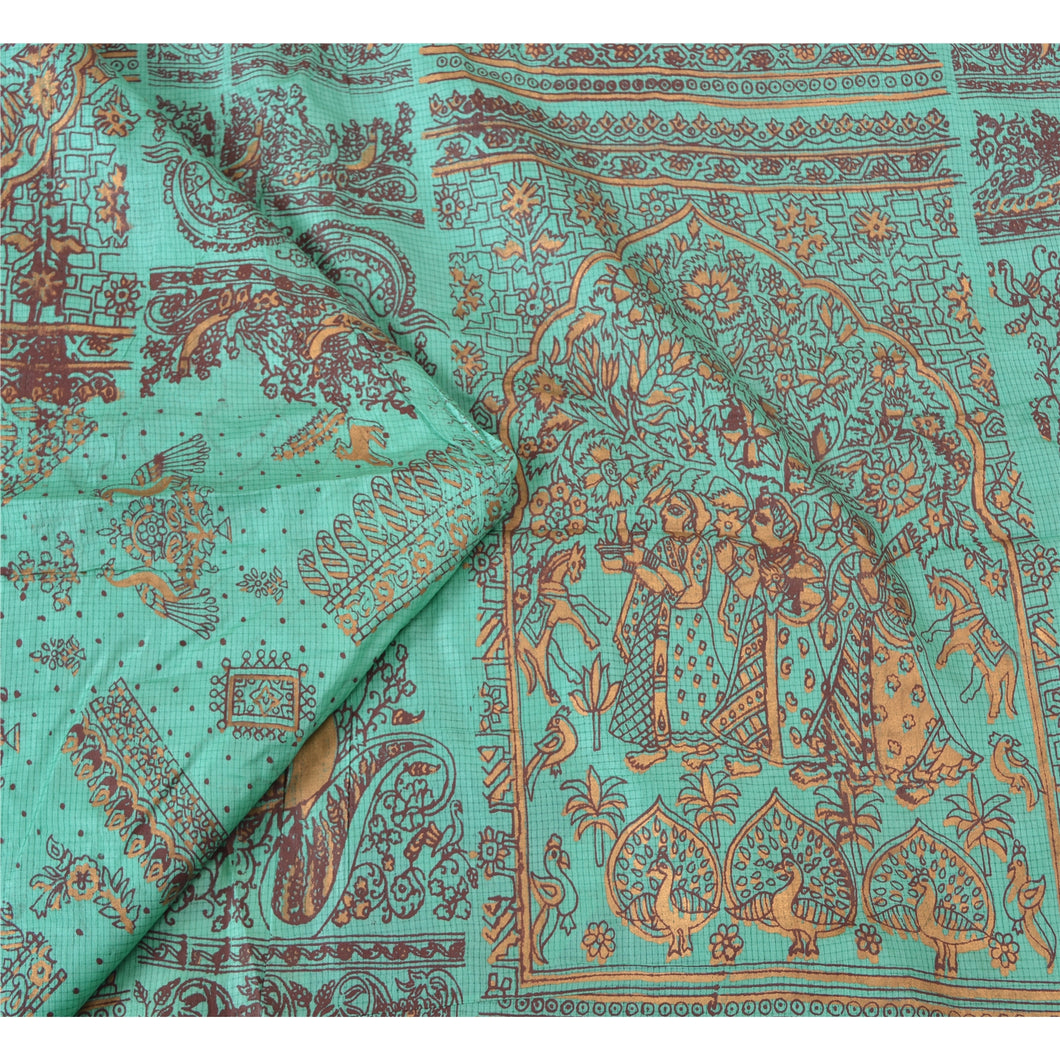 Sanskriti Vintage Sea Green Sarees 100% Pure Silk Hand-Painted Sari Craft Fabric