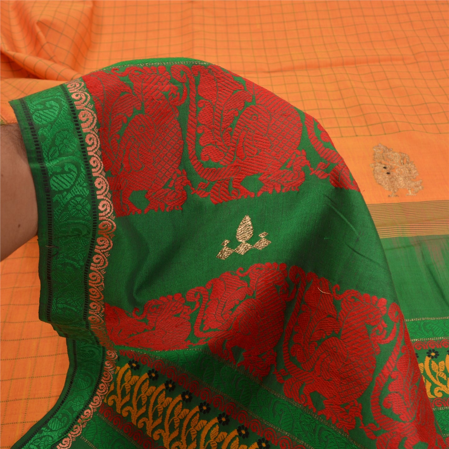Sanskriti Vintage Green/Orange Sarees Blend Silk Woven Premium Sari Craft Sustainable Fabric