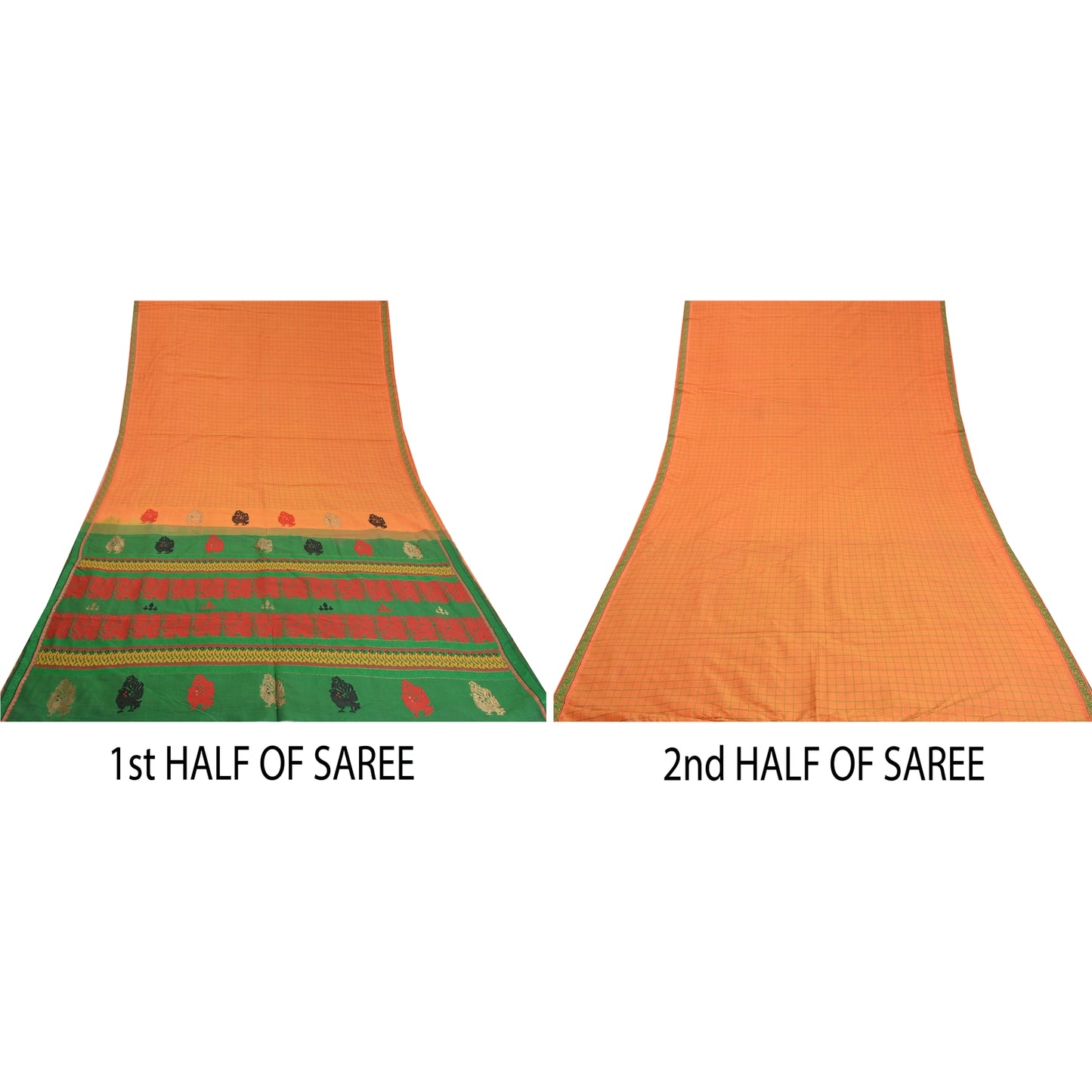 Sanskriti Vintage Green/Orange Sarees Blend Silk Woven Premium Sari Craft Sustainable Fabric