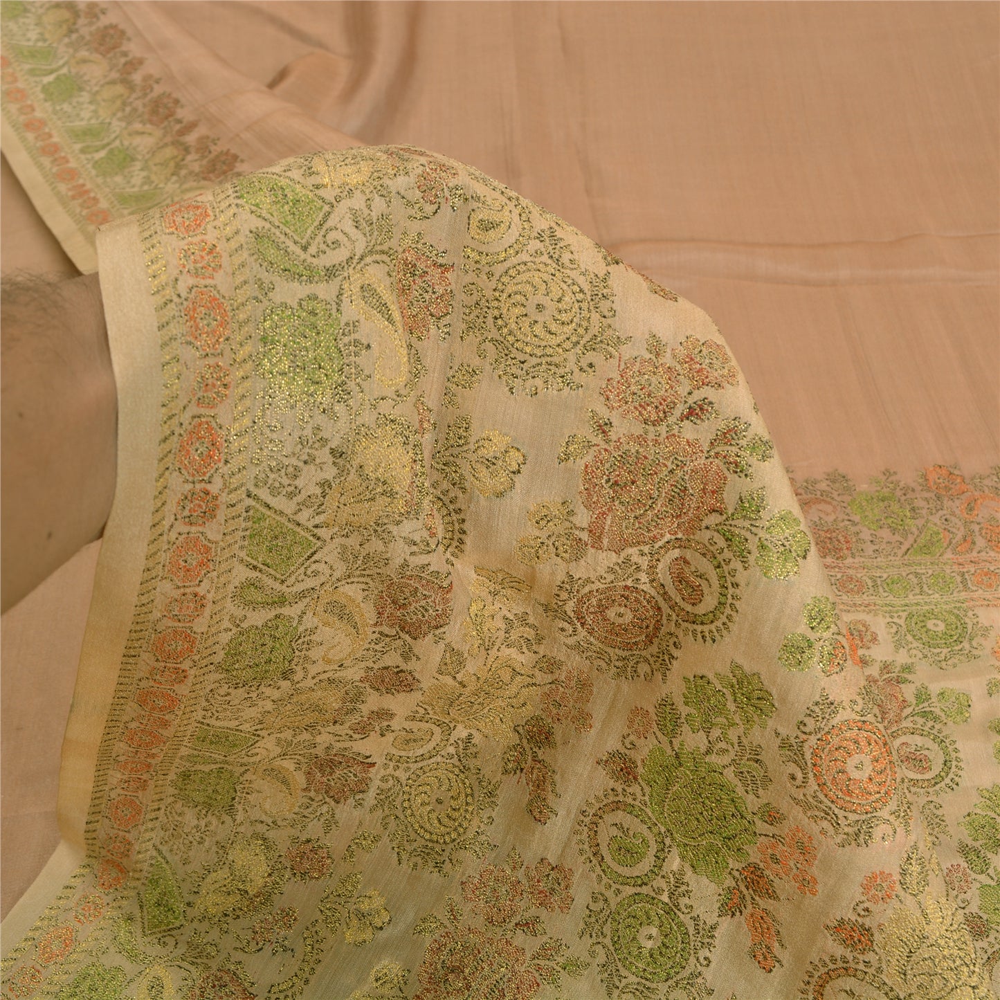 Санскритские винтажные персиковые индийские сари 100% чистый шелк тканый премиальный сари устойчивая ткань