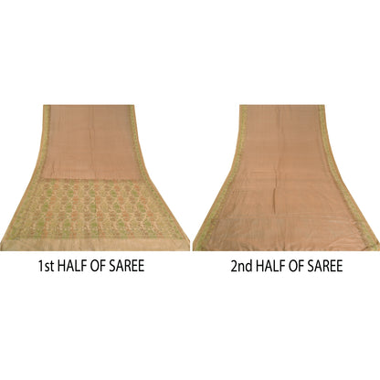 Санскритские винтажные персиковые индийские сари 100% чистый шелк тканый премиальный сари устойчивая ткань