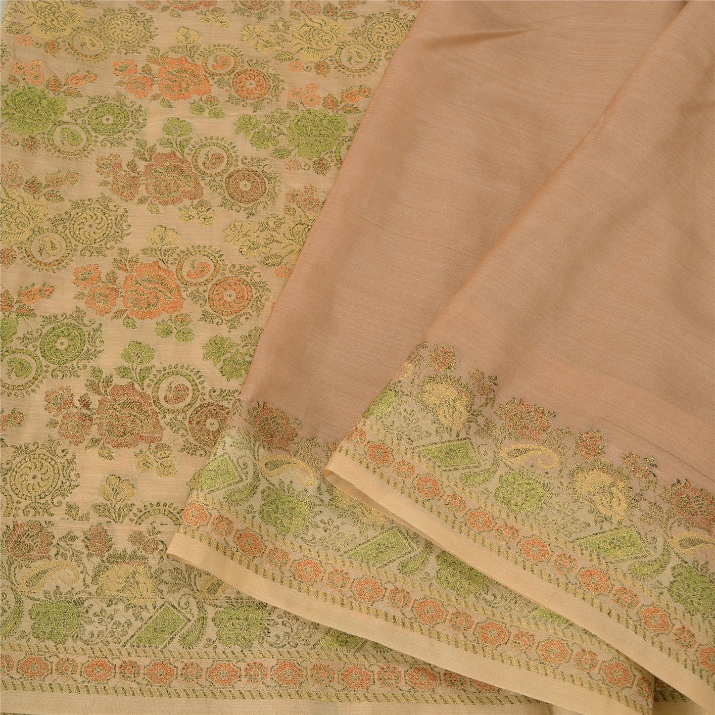 Санскритские винтажные персиковые индийские сари 100% чистый шелк тканый премиальный сари устойчивая ткань