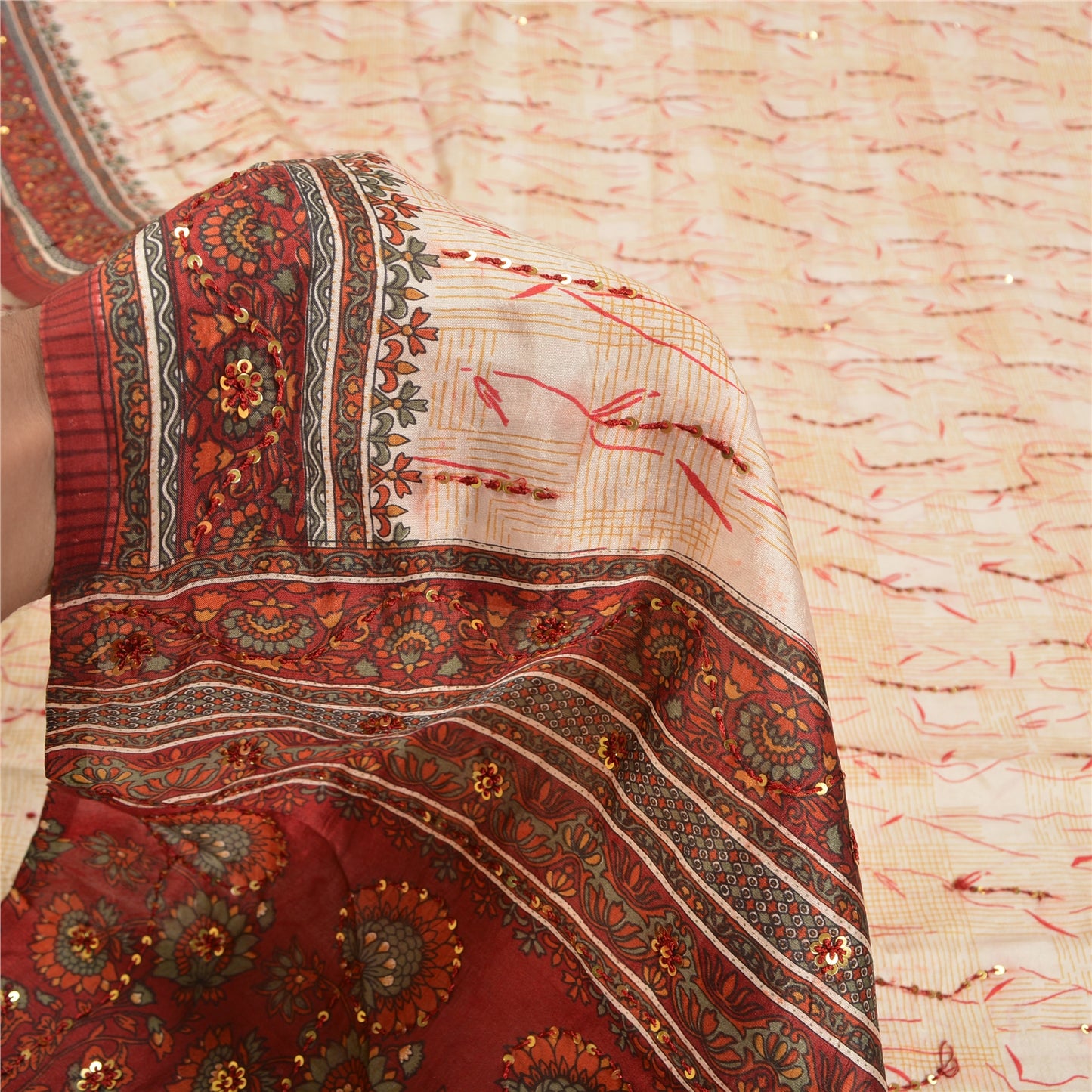 Sanskriti Vintage Pink Dark Red/Ivory Pure Silk Hand Beaded Sari Craft Sustainable Fabric