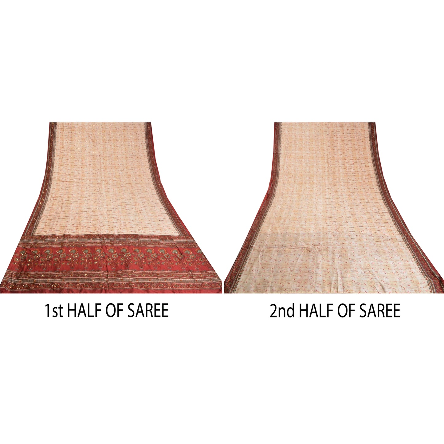 Sanskriti Vintage Pink Dark Red/Ivory Pure Silk Hand Beaded Sari Craft Sustainable Fabric