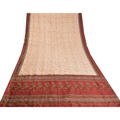Sanskriti Vintage Pink Dark Red/Ivory Pure Silk Hand Beaded Sari Craft Sustainable Fabric