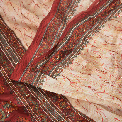 Sanskriti Vintage Pink Dark Red/Ivory Pure Silk Hand Beaded Sari Craft Sustainable Fabric