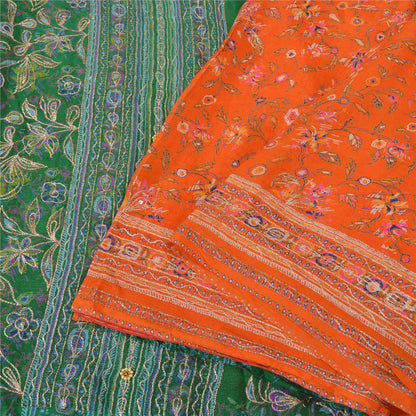 Sanskriti Vintage Green/Orange Sarees Pure Silk Hand Beaded Premium Sari Sustainable Fabric