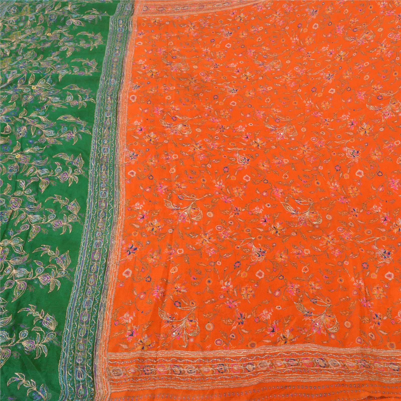 Sanskriti Vintage Green/Orange Sarees Pure Silk Hand Beaded Premium Sari Sustainable Fabric