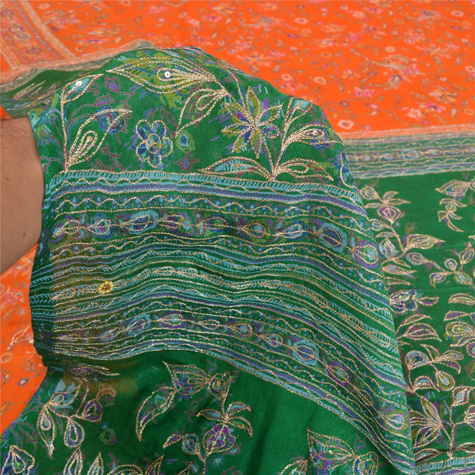 Sanskriti Vintage Green/Orange Sarees Pure Silk Hand Beaded Premium Sari Sustainable Fabric