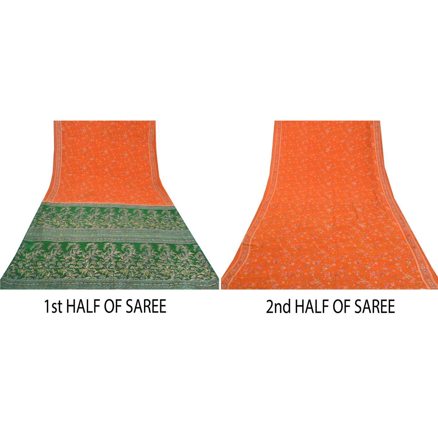 Sanskriti Vintage Green/Orange Sarees Pure Silk Hand Beaded Premium Sari Sustainable Fabric
