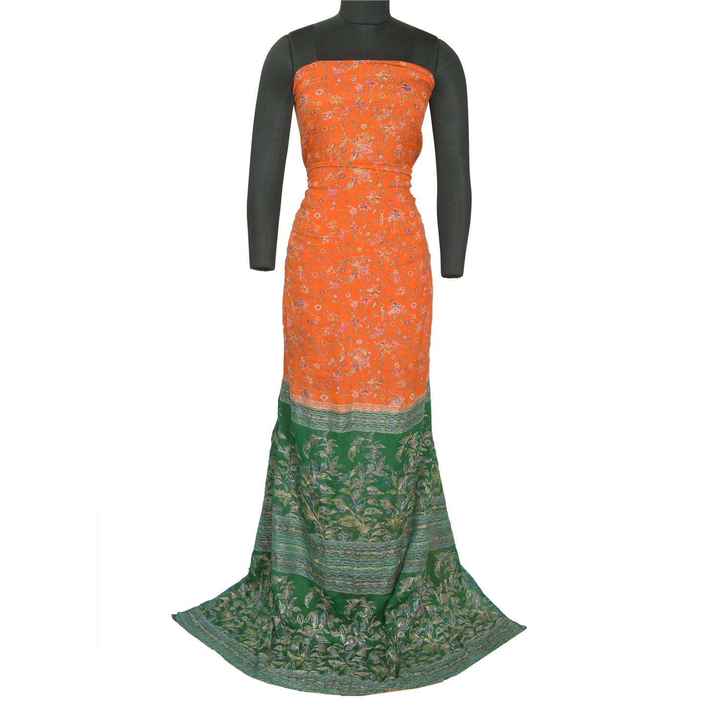 Sanskriti Vintage Green/Orange Sarees Pure Silk Hand Beaded Premium Sari Sustainable Fabric