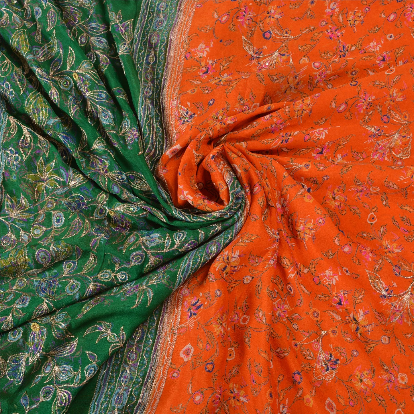 Sanskriti Vintage Green/Orange Sarees Pure Silk Hand Beaded Premium Sari Sustainable Fabric