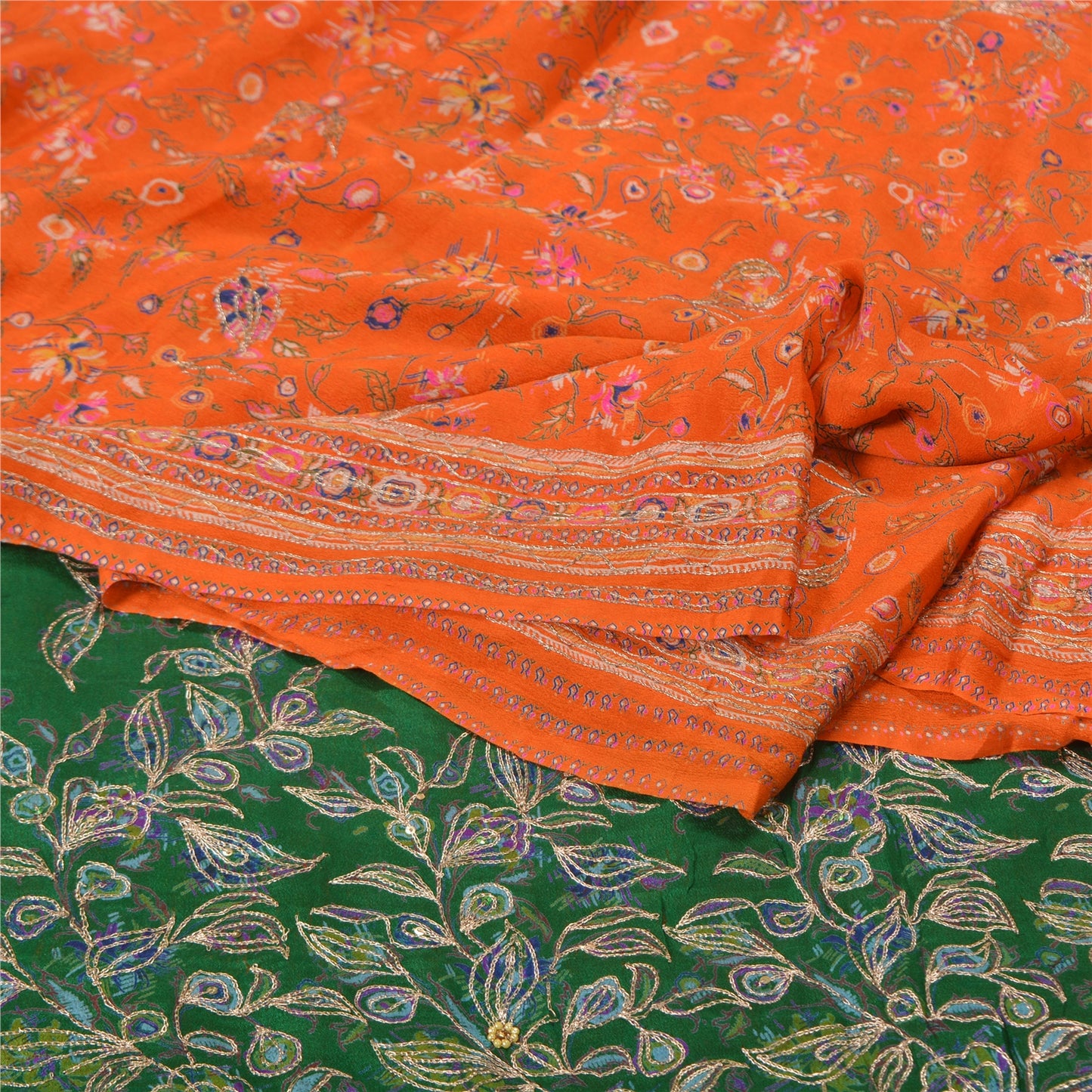 Sanskriti Vintage Green/Orange Sarees Pure Silk Hand Beaded Premium Sari Sustainable Fabric