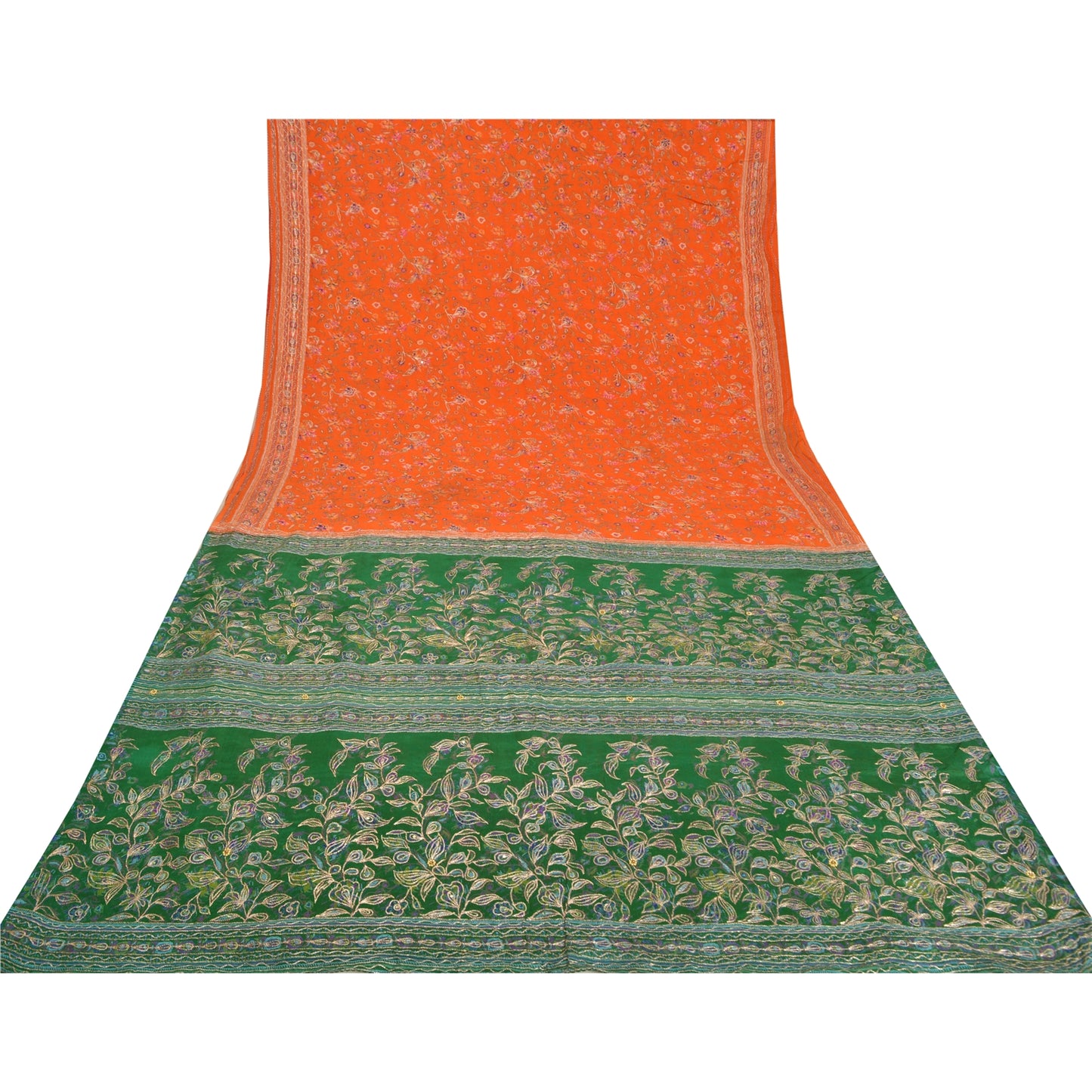 Sanskriti Vintage Green/Orange Sarees Pure Silk Hand Beaded Premium Sari Sustainable Fabric
