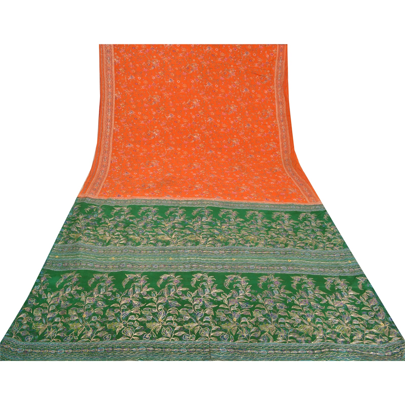 Sanskriti Vintage Green/Orange Sarees Pure Silk Hand Beaded Premium Sari Sustainable Fabric