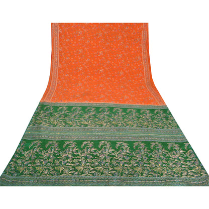 Sanskriti Vintage Green/Orange Sarees Pure Silk Hand Beaded Premium Sari Sustainable Fabric