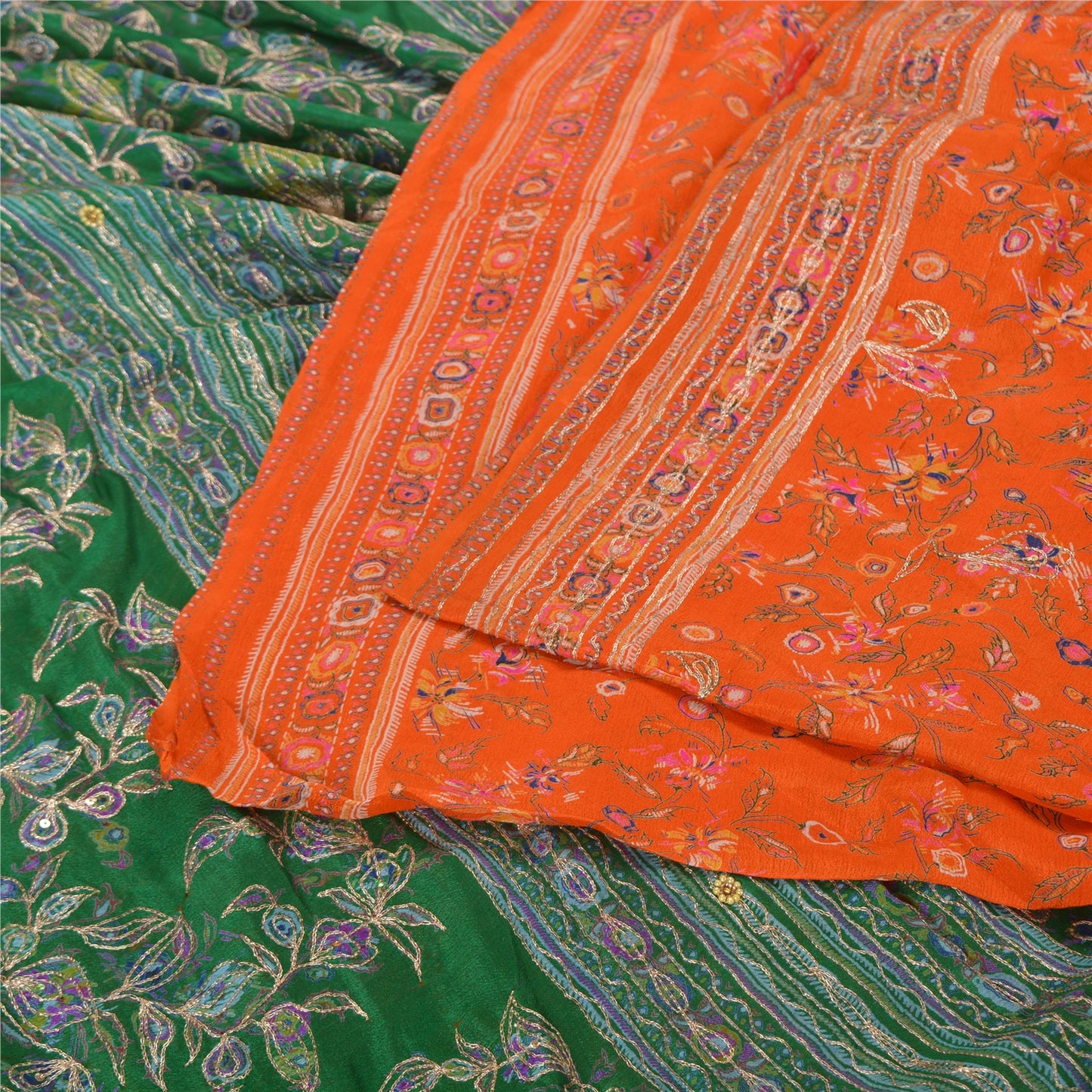 Sanskriti Vintage Green/Orange Sarees Pure Silk Hand Beaded Premium Sari Sustainable Fabric