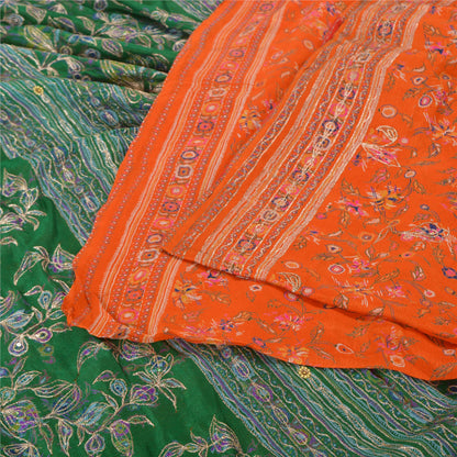 Sanskriti Vintage Green/Orange Sarees Pure Silk Hand Beaded Premium Sari Sustainable Fabric