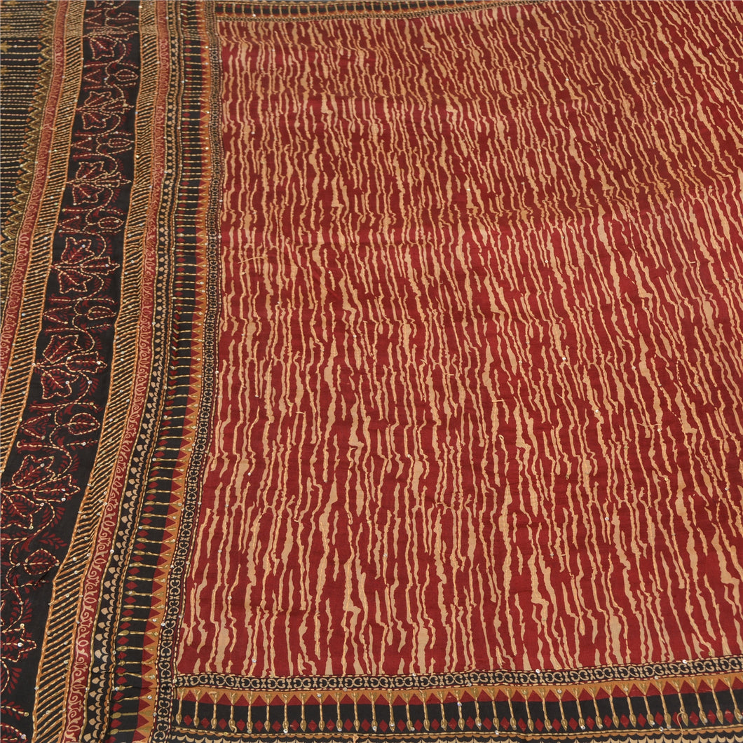 Sanskriti Vintage Red/Black Sarees Pure Silk Hand Beaded Kantha Sari Fabric