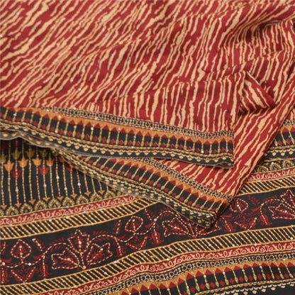 Sanskriti Vintage Red/Black Sarees Pure Silk Hand Beaded Kantha Sari Sustainable Fabric