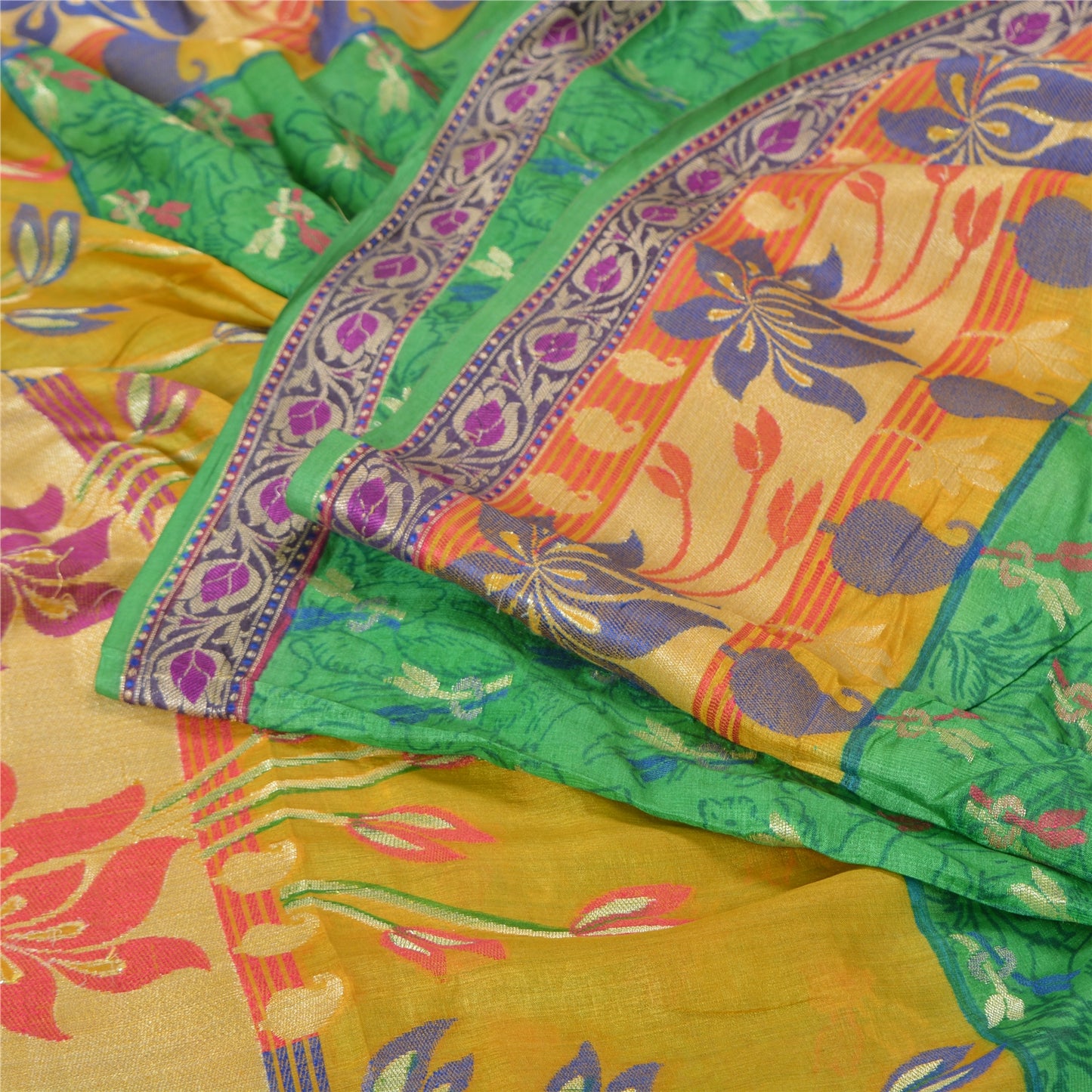 Санскритские винтажные зеленые/желтые индийские сари 100% чистый шелк сотканный сари устойчивая ткань